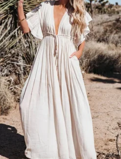 Discount Women's Maxi Dress Linen-Inspired Dresses White Dress Swing Dress Summer Dress Streetwear Maxi Basic Vacation Holiday Beach Loose Fit Short Sleeve V Neck Black White Khaki Beige Summer Women Dresses|White Dresses