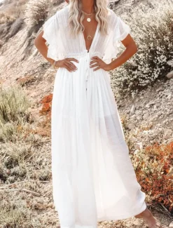 Discount Women's Maxi Dress Linen-Inspired Dresses White Dress Swing Dress Summer Dress Streetwear Maxi Basic Vacation Holiday Beach Loose Fit Short Sleeve V Neck Black White Khaki Beige Summer Women Dresses|White Dresses