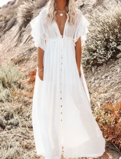 Discount Women's Maxi Dress Linen-Inspired Dresses White Dress Swing Dress Summer Dress Streetwear Maxi Basic Vacation Holiday Beach Loose Fit Short Sleeve V Neck Black White Khaki Beige Summer Women Dresses|White Dresses