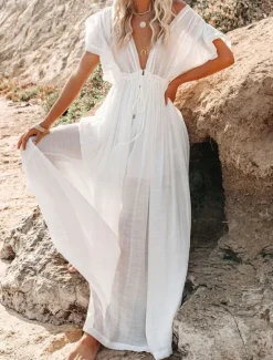 Discount Women's Maxi Dress Linen-Inspired Dresses White Dress Swing Dress Summer Dress Streetwear Maxi Basic Vacation Holiday Beach Loose Fit Short Sleeve V Neck Black White Khaki Beige Summer Women Dresses|White Dresses
