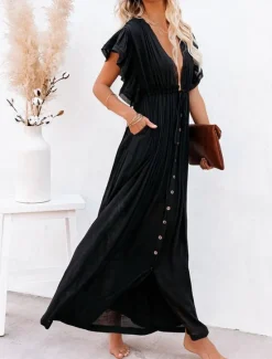Discount Women's Maxi Dress Linen-Inspired Dresses White Dress Swing Dress Summer Dress Streetwear Maxi Basic Vacation Holiday Beach Loose Fit Short Sleeve V Neck Black White Khaki Beige Summer Women Dresses|White Dresses