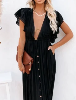 Discount Women's Maxi Dress Linen-Inspired Dresses White Dress Swing Dress Summer Dress Streetwear Maxi Basic Vacation Holiday Beach Loose Fit Short Sleeve V Neck Black White Khaki Beige Summer Women Dresses|White Dresses
