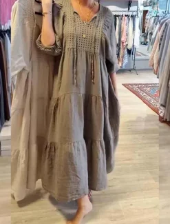 Sale Women's Maxi Dress Linen-Inspired Dresses White Dress Sundress White Cotton Dress Casual Vacation Daily Loose Fit 3/4 Length Sleeve Notched Neck Khaki Beige Summer Spring Women Dresses