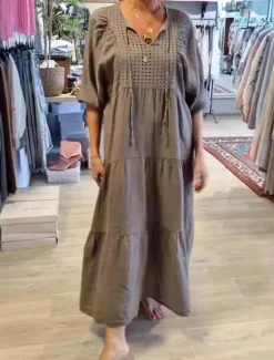 Sale Women's Maxi Dress Linen-Inspired Dresses White Dress Sundress White Cotton Dress Casual Vacation Daily Loose Fit 3/4 Length Sleeve Notched Neck Khaki Beige Summer Spring Women Dresses