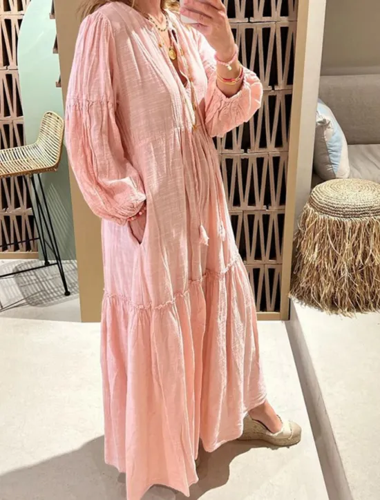Sale Women's Maxi Dress Linen-Inspired Dresses Casual Dress Swing Dress Plain Dress Casual Sports & Outdoor Street Regular Fit Plain Long Sleeve V Neck Spring Fall Women Dresses