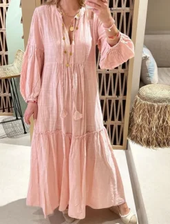 Sale Women's Maxi Dress Linen-Inspired Dresses Casual Dress Swing Dress Plain Dress Casual Sports & Outdoor Street Regular Fit Plain Long Sleeve V Neck Spring Fall Women Dresses