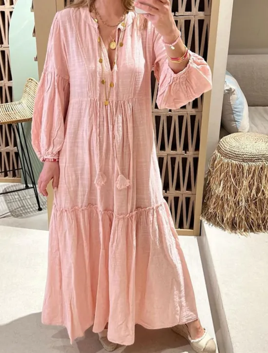 Sale Women's Maxi Dress Linen-Inspired Dresses Casual Dress Swing Dress Plain Dress Casual Sports & Outdoor Street Regular Fit Plain Long Sleeve V Neck Spring Fall Women Dresses