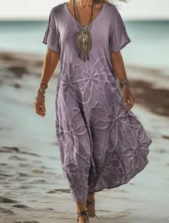 Sale Women's Maxi Dress Paisley Dress Casual Dress Long Sleeve Boho Dress A Line Dress Bohemia Vacation Vintage Vacation Daily Regular Fit Floral Short Sleeve V Neck Pink Navy Blue Blue Light Purple Women Vacation Dresses
