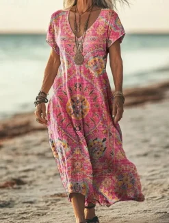 Sale Women's Maxi Dress Paisley Dress Casual Dress Long Sleeve Boho Dress A Line Dress Bohemia Vacation Vintage Vacation Daily Regular Fit Floral Short Sleeve V Neck Pink Navy Blue Blue Light Purple Women Vacation Dresses