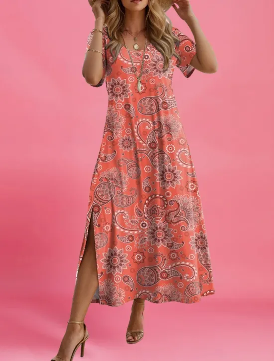 Hot Women's Maxi Dress Paisley Dress Casual Dress Maxi Dress Sundress Ethnic Tribal Vacation Street Holiday Regular Fit Paisley Short Sleeve Crew Neck Red Blue Purple Orange Summer Women T Shirt Dresses