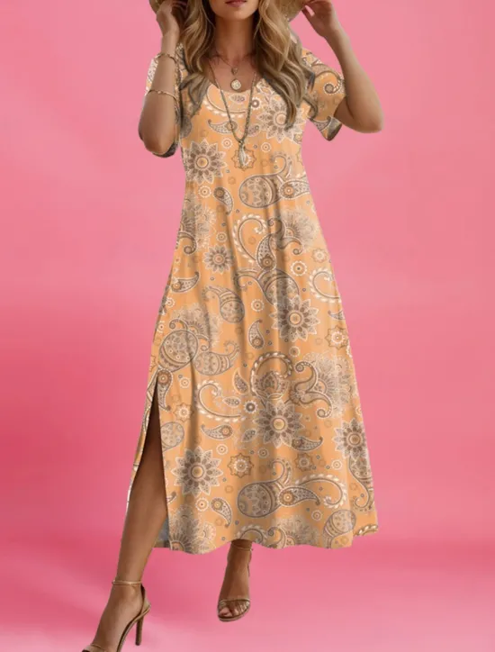 Hot Women's Maxi Dress Paisley Dress Casual Dress Maxi Dress Sundress Ethnic Tribal Vacation Street Holiday Regular Fit Paisley Short Sleeve Crew Neck Red Blue Purple Orange Summer Women T Shirt Dresses