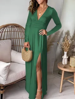Online Women's Maxi Dress Party Dress Cocktail Dress Wedding Guest Dress Chiffon Dress Elegant Stylish Ethnic Vacation Party Daily Regular Fit Plain Long Sleeve V Neck Blue Green Spring Fall Women Cocktail Dress