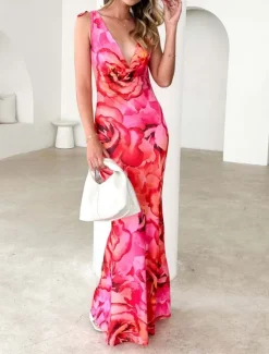 New Women's Maxi Dress Party Dress Bodycon Sexy Party Wedding Guest Engagement Regular Fit Floral Sleeveless Cowl Neck Summer Spring Fall Women Floral Dresses