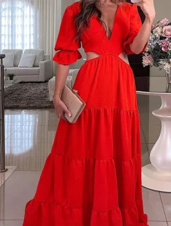 Clearance Women's Maxi Dress Party Dress A Line Dress Elegant Stylish Casual Flared Sleeve Party Date Regular Fit Plain Long Sleeve V Neck Red Blue Spring Fall Winter Women Cocktail Dress