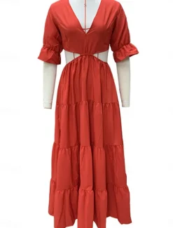 Clearance Women's Maxi Dress Party Dress A Line Dress Elegant Stylish Casual Flared Sleeve Party Date Regular Fit Plain Long Sleeve V Neck Red Blue Spring Fall Winter Women Cocktail Dress