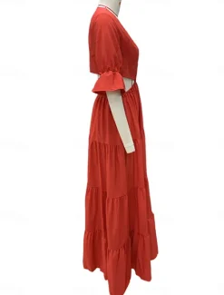 Clearance Women's Maxi Dress Party Dress A Line Dress Elegant Stylish Casual Flared Sleeve Party Date Regular Fit Plain Long Sleeve V Neck Red Blue Spring Fall Winter Women Cocktail Dress