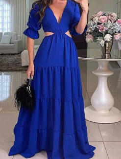 Clearance Women's Maxi Dress Party Dress A Line Dress Elegant Stylish Casual Flared Sleeve Party Date Regular Fit Plain Long Sleeve V Neck Red Blue Spring Fall Winter Women Cocktail Dress
