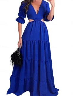 Clearance Women's Maxi Dress Party Dress A Line Dress Elegant Stylish Casual Flared Sleeve Party Date Regular Fit Plain Long Sleeve V Neck Red Blue Spring Fall Winter Women Cocktail Dress