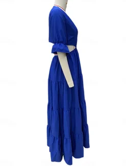 Clearance Women's Maxi Dress Party Dress A Line Dress Elegant Stylish Casual Flared Sleeve Party Date Regular Fit Plain Long Sleeve V Neck Red Blue Spring Fall Winter Women Cocktail Dress