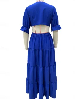 Clearance Women's Maxi Dress Party Dress A Line Dress Elegant Stylish Casual Flared Sleeve Party Date Regular Fit Plain Long Sleeve V Neck Red Blue Spring Fall Winter Women Cocktail Dress