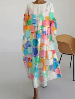 Discount Women's Maxi Dress Pink Red Spring Fall Winter Loose Dress Casual Vacation Linen Like Weekend Loose Fit Flower Crew Neck Women Vacation Dresses