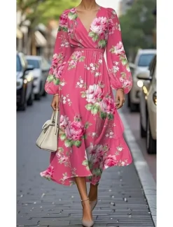 Women's Maxi Dress Pleated Dress Work Dresses Fit And Flare Dress Birthday Casual Formal Office Date Regular Fit Floral Graphic Sleeveless V Neck Navy Champagne Pink Blue Summer Spring Women Cocktail Dress