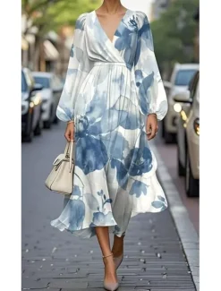Women's Maxi Dress Pleated Dress Work Dresses Fit And Flare Dress Birthday Casual Formal Office Date Regular Fit Floral Graphic Sleeveless V Neck Navy Champagne Pink Blue Summer Spring Women Cocktail Dress