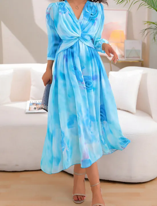 Best Women's Maxi Dress Print Dress Graphic Fashion Elegant Dress Party Daily Date High Waist 3/4 Length Sleeve V Neck Dress Regular Fit Red Blue Spring Fall S M L Women Floral Dresses