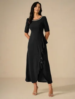 Hot Women's Maxi Dress Ruffle Dress Elegant Regular Fit Solid Color Short Sleeve Crew Neck Summer Spring Fall Women Cocktail Dress