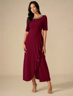 Hot Women's Maxi Dress Ruffle Dress Elegant Regular Fit Solid Color Short Sleeve Crew Neck Summer Spring Fall Women Cocktail Dress