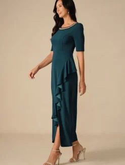 Outlet Women's Maxi Dress Ruffle Dress Elegant Regular Fit Solid Color Short Sleeve Crew Neck Summer Spring Fall Women Cocktail Dress