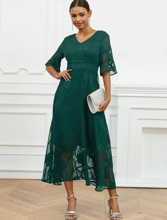 Discount Women's Maxi Dress Semi Formal Dress A Line Dress Elegant Work Birthday Flutter Sleeve Wedding Guest Cocktail Party Formal Evening Regular Fit Solid Color Plain Half Sleeve V Neck Black Pink Red Green Women Chiffon Dresses|Floral Dresses