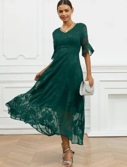Discount Women's Maxi Dress Semi Formal Dress A Line Dress Elegant Work Birthday Flutter Sleeve Wedding Guest Cocktail Party Formal Evening Regular Fit Solid Color Plain Half Sleeve V Neck Black Pink Red Green Women Chiffon Dresses|Floral Dresses