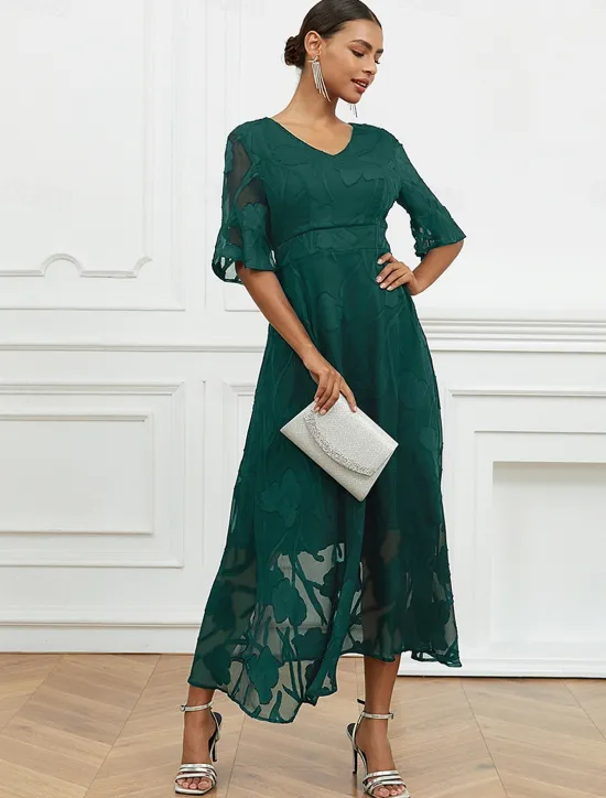Discount Women's Maxi Dress Semi Formal Dress A Line Dress Elegant Work Birthday Flutter Sleeve Wedding Guest Cocktail Party Formal Evening Regular Fit Solid Color Plain Half Sleeve V Neck Black Pink Red Green Women Chiffon Dresses|Floral Dresses