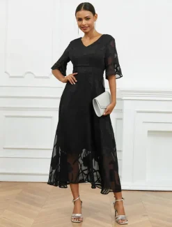 Discount Women's Maxi Dress Semi Formal Dress A Line Dress Elegant Work Birthday Flutter Sleeve Wedding Guest Cocktail Party Formal Evening Regular Fit Solid Color Plain Half Sleeve V Neck Black Pink Red Green Women Chiffon Dresses|Floral Dresses