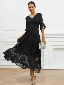 Discount Women's Maxi Dress Semi Formal Dress A Line Dress Elegant Work Birthday Flutter Sleeve Wedding Guest Cocktail Party Formal Evening Regular Fit Solid Color Plain Half Sleeve V Neck Black Pink Red Green Women Chiffon Dresses|Floral Dresses