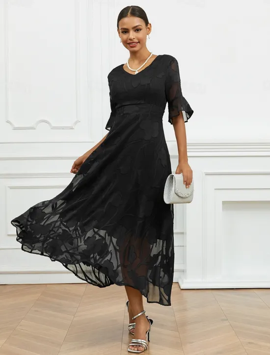 Discount Women's Maxi Dress Semi Formal Dress A Line Dress Elegant Work Birthday Flutter Sleeve Wedding Guest Cocktail Party Formal Evening Regular Fit Solid Color Plain Half Sleeve V Neck Black Pink Red Green Women Chiffon Dresses|Floral Dresses