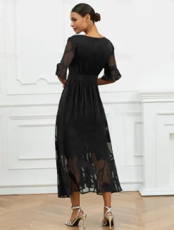 Discount Women's Maxi Dress Semi Formal Dress A Line Dress Elegant Work Birthday Flutter Sleeve Wedding Guest Cocktail Party Formal Evening Regular Fit Solid Color Plain Half Sleeve V Neck Black Pink Red Green Women Chiffon Dresses|Floral Dresses