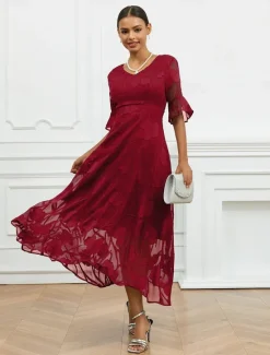 Discount Women's Maxi Dress Semi Formal Dress A Line Dress Elegant Work Birthday Flutter Sleeve Wedding Guest Cocktail Party Formal Evening Regular Fit Solid Color Plain Half Sleeve V Neck Black Pink Red Green Women Chiffon Dresses|Floral Dresses