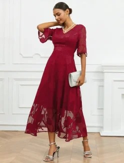 Discount Women's Maxi Dress Semi Formal Dress A Line Dress Elegant Work Birthday Flutter Sleeve Wedding Guest Cocktail Party Formal Evening Regular Fit Solid Color Plain Half Sleeve V Neck Black Pink Red Green Women Chiffon Dresses|Floral Dresses