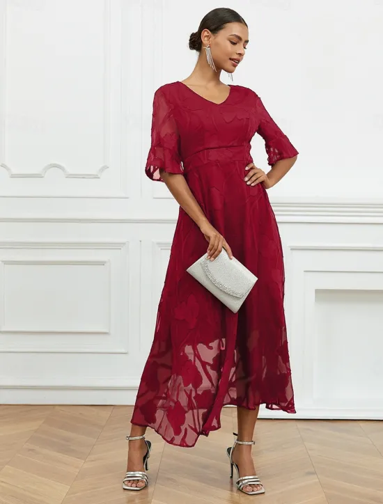 Discount Women's Maxi Dress Semi Formal Dress A Line Dress Elegant Work Birthday Flutter Sleeve Wedding Guest Cocktail Party Formal Evening Regular Fit Solid Color Plain Half Sleeve V Neck Black Pink Red Green Women Chiffon Dresses|Floral Dresses