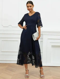 Discount Women's Maxi Dress Semi Formal Dress A Line Dress Elegant Work Birthday Flutter Sleeve Wedding Guest Cocktail Party Formal Evening Regular Fit Solid Color Plain Half Sleeve V Neck Black Pink Red Green Women Chiffon Dresses|Floral Dresses
