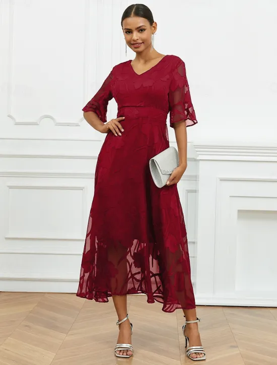 Discount Women's Maxi Dress Semi Formal Dress A Line Dress Elegant Work Birthday Flutter Sleeve Wedding Guest Cocktail Party Formal Evening Regular Fit Solid Color Plain Half Sleeve V Neck Black Pink Red Green Women Chiffon Dresses|Floral Dresses