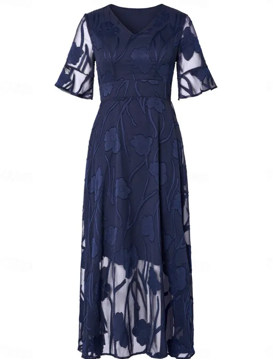 Discount Women's Maxi Dress Semi Formal Dress A Line Dress Elegant Work Birthday Flutter Sleeve Wedding Guest Cocktail Party Formal Evening Regular Fit Solid Color Plain Half Sleeve V Neck Black Pink Red Green Women Chiffon Dresses|Floral Dresses