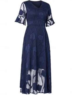 Discount Women's Maxi Dress Semi Formal Dress A Line Dress Elegant Work Birthday Flutter Sleeve Wedding Guest Cocktail Party Formal Evening Regular Fit Solid Color Plain Half Sleeve V Neck Black Pink Red Green Women Chiffon Dresses|Floral Dresses