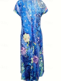 Outlet Women's Maxi Dress Sheath Dress T Shirt Dress Tee Dress Casual Boho Wedding Guest Daily Date Floral Graphic Long Sleeve Crew Neck Blue Green Gray Spring Fall Winter Autumn Women Casual Dress