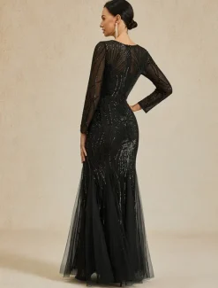 Clearance Women's Maxi Dress Sheath Dress Elegant Evening Party Regular Fit Solid Color Long Sleeve Crew Neck Fall Winter Women Cocktail Dress