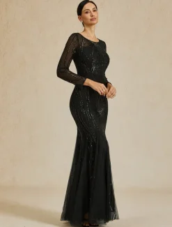 Clearance Women's Maxi Dress Sheath Dress Elegant Evening Party Regular Fit Solid Color Long Sleeve Crew Neck Fall Winter Women Cocktail Dress