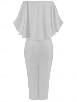 New Women's Maxi Dress Sheath Dress Party Cocktail Semi Formal Outdoor Party Wedding Guest Regular Fit Solid Color 3/4 Length Sleeve Off Shoulder Silver Black Champagne Pink Summer Women Cocktail Dress
