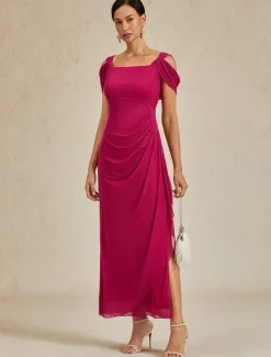 Online Women's Maxi Dress Sheath Dress Elegant Party Birthday Solid Color Sleeveless Square Neck Summer Women Cocktail Dress